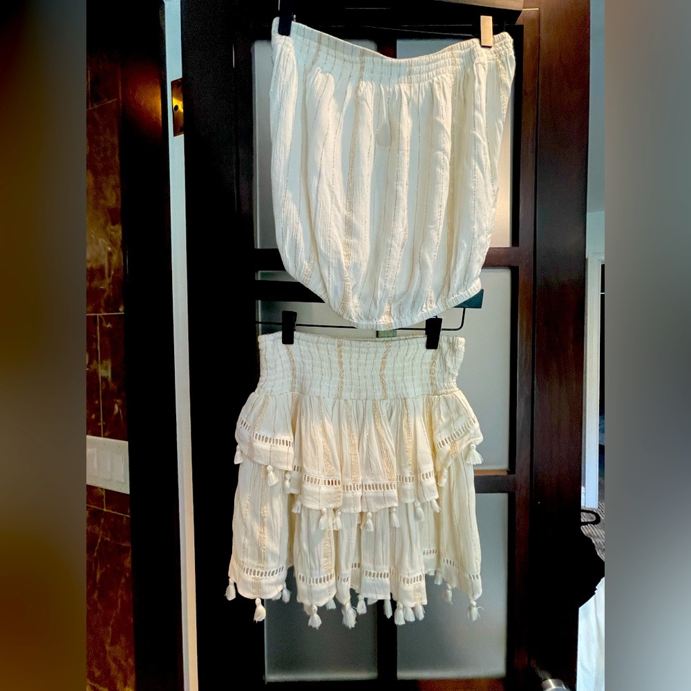 Ramy Brook Tube Top, with matching Mini Skirt. White and Gold
